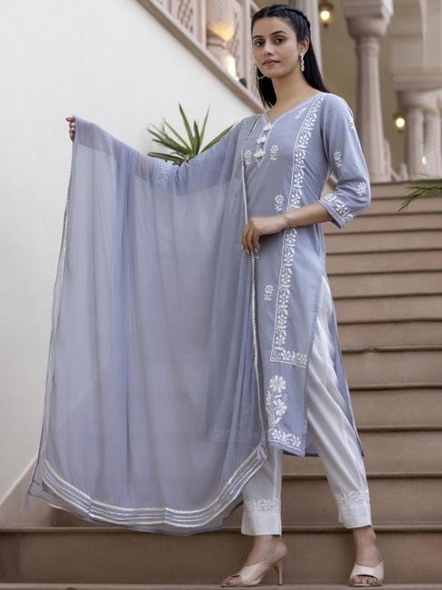 KAAJH Grey & White Cotton Embroidered Kurta Pant Set With Dupatta