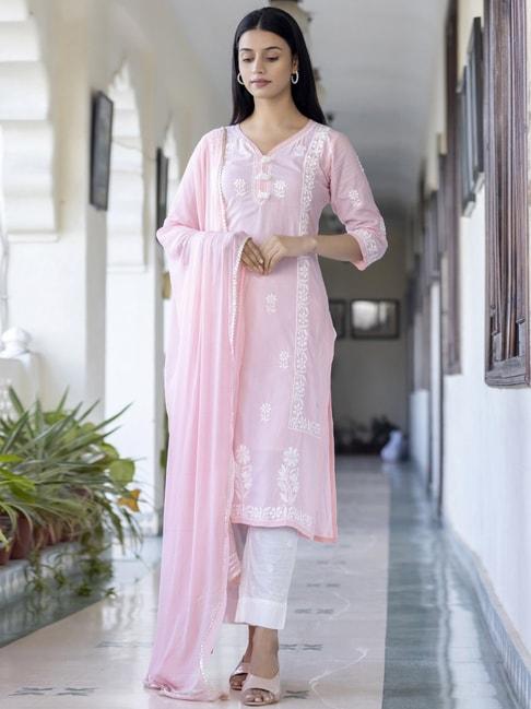 KAAJH Pink & White Cotton Embroidered Kurta Pant Set With Dupatta