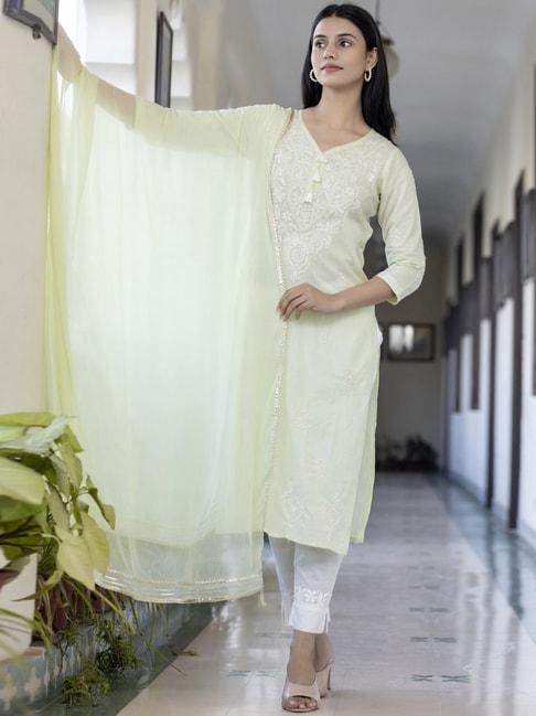 KAAJH Mint Green & White Cotton Embroidered Kurta Pant Set With Dupatta