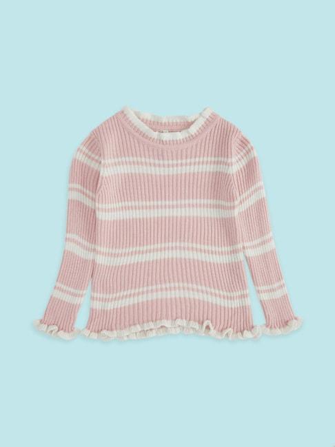 Pantaloons Junior Pink & White Cotton Striped Full Sleeves Sweater