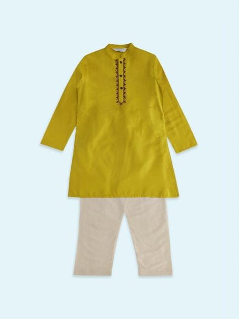 Indus Route by Pantaloons Kids Mustard & Grey Embroidered Full Sleeves Kurta Set
