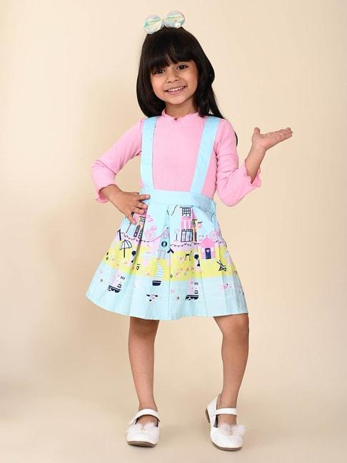 LilPicks Kids Pink & Blue Printed Top with Dungree