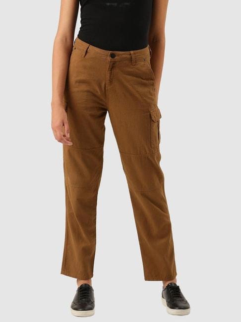 IVOC Brown Cotton Regular Fit Mid Rise Trousers