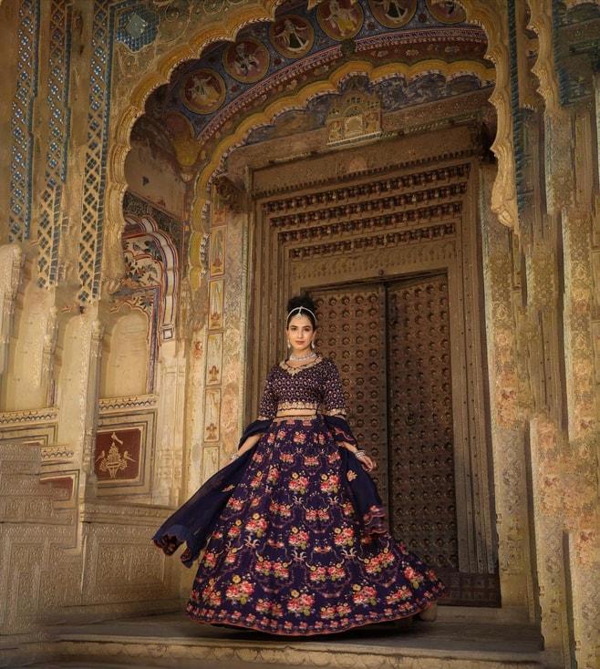 Scakhi Navy Blue Raw Silk Floral Print with Embroidered Lehenga with Choli and Dupatta