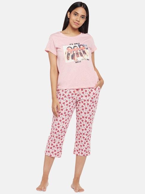 Dreamz by Pantaloons Pink Cotton Printed T-Shirt Capris Set