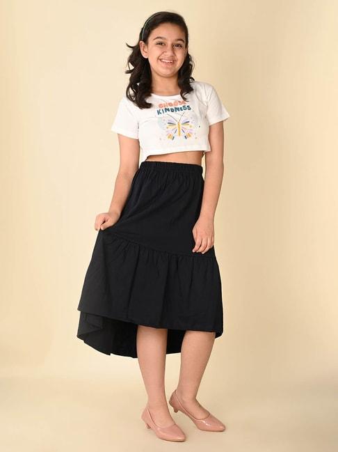 LilPicks Kids White & Black Printed Crop Top with Skirt
