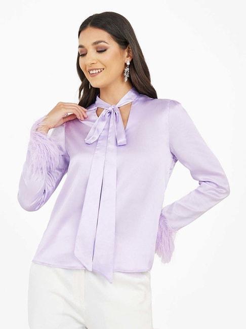 Styli Tie-Up Neck Faux Feather Trim Detail Blouse