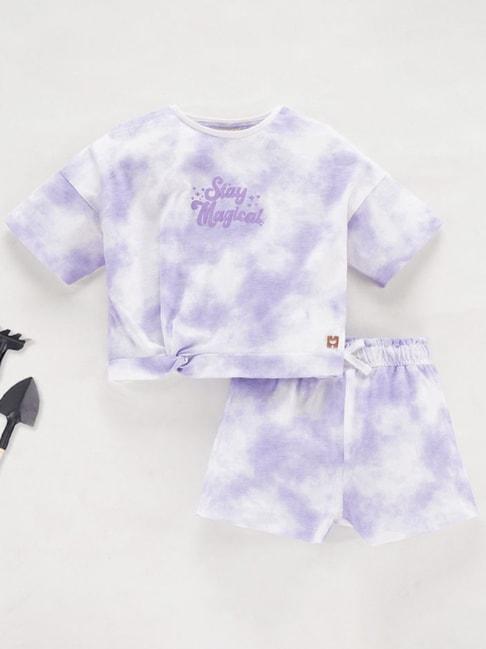 Ed-a-Mamma Kids Purple & White Cotton Printed T-Shirt Set