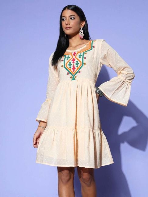 Indo Era Cream Cotton Self Pattern A-Line Dress