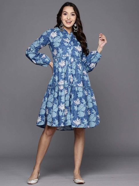 Indo Era Blue Cotton Floral Print A-Line Dress