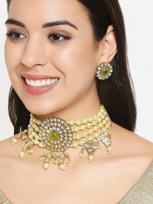 OOMPH Jewellery Mint Green Beads & Pearls Layered Kundan Necklace & Earring Set for Women