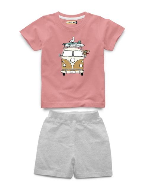 HELLCAT Kids Dusty Pink & Grey Melange Printed T-Shirt with Shorts
