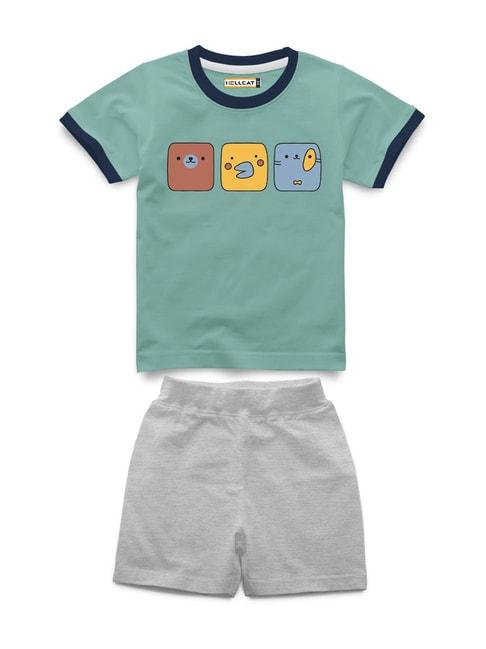 HELLCAT Kids Sea Green & Grey Melange Printed T-Shirt with Shorts