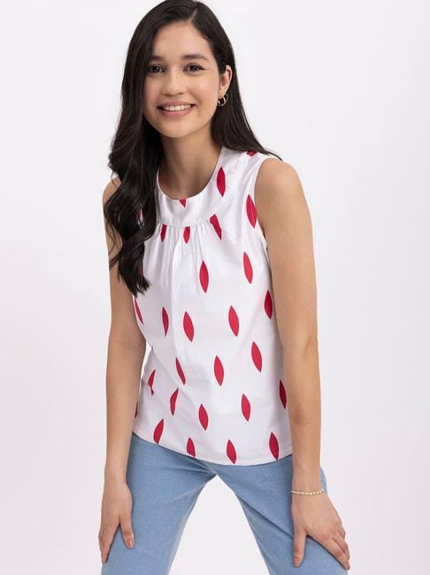 Fablestreet White & Red Cotton Printed Top