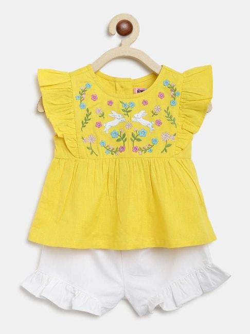 Nauti Nati Kids Yellow & White Embroidered Top with Shorts