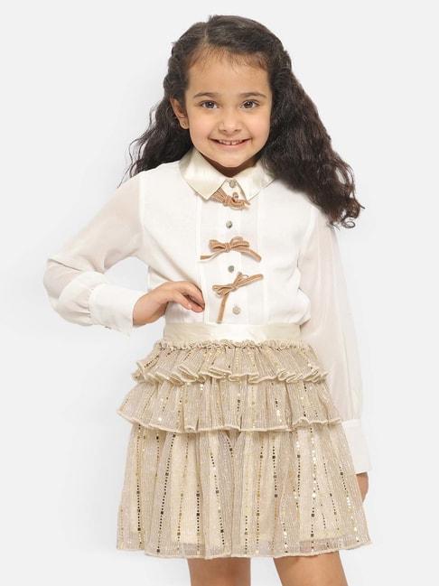 Nauti Nati Kids Off White & Cream Embellished Full Sleeves Top with Skirt