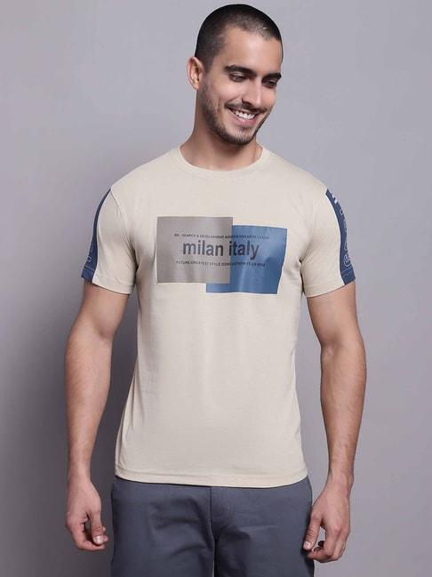 Cantabil Beige Regular Fit Printed Crew T-Shirt