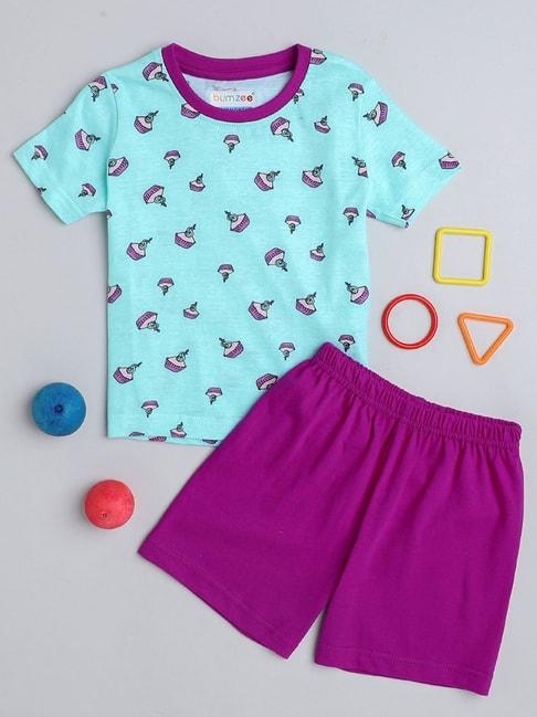 Bumzee Kids Turquoise & Pink Printed T-Shirt with Shorts