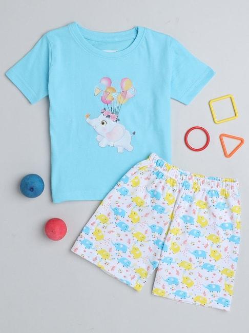 Bumzee Kids Sky Blue & White Printed T-Shirt with Shorts