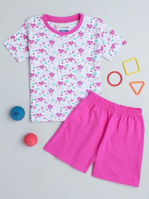 Bumzee Kids White & Pink Printed T-Shirt with Shorts