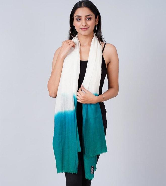 First Resort By Ramola Bachchan White And Teal Green Colour Block Scarf