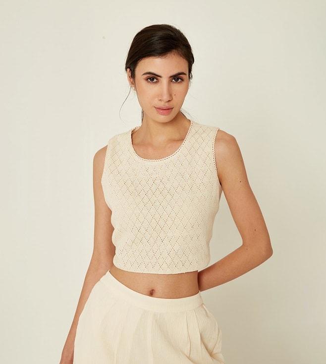 Ancestry Off White Solid Crochet Crop Top