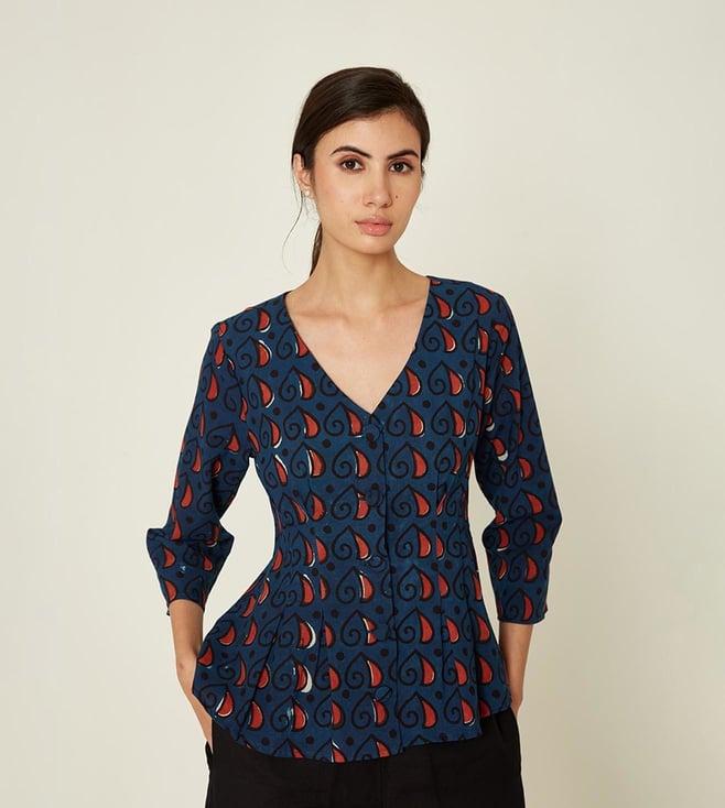 ancestry-blue-cotton-printed-fit-and-flare-top