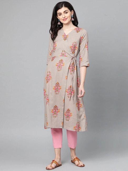popnetic-grey-cotton-floral-print-angrakha-kurta
