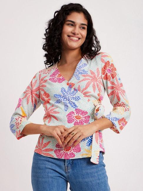 Pink Fort Multicolored Cotton Floral Print Wrap Top