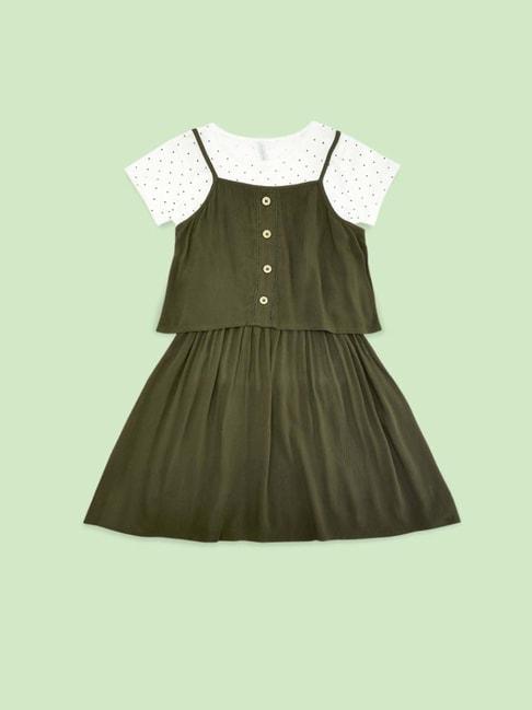 Pantaloons Junior Olive & White Printed Dress with Top