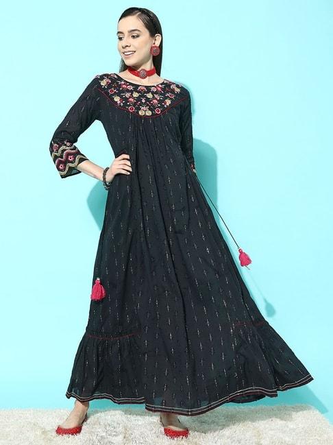Indo Era Black Cotton Embroidered Maxi Dress