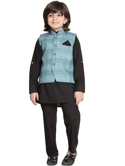 AJ Dezines Kids Black & Blue Printed Full Sleeves Kurta, Pyjamas & Waistcoat