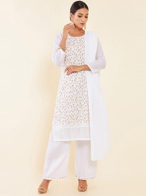 Soch White Cotton Embroidered Unstitched Dress Material