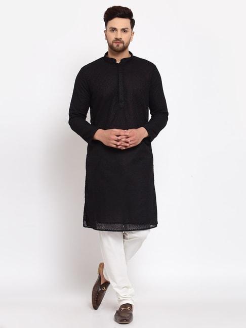 mohanlal-sons-black-&-white-regular-fit-embroidered-kurta-bottom-set