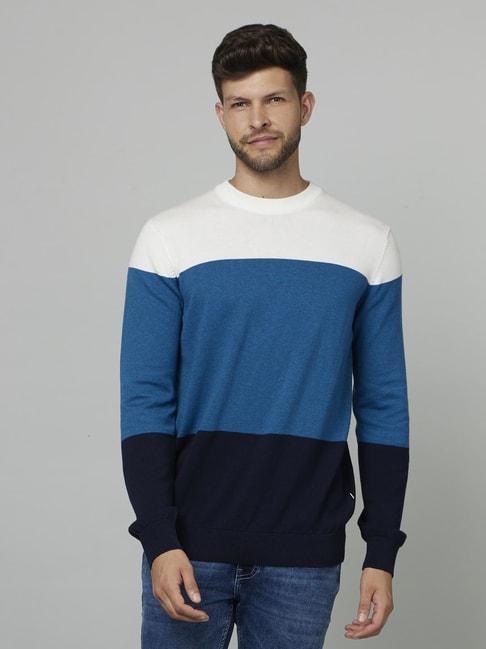 celio* Blue & White Cotton Regular Fit Colour Block Sweater