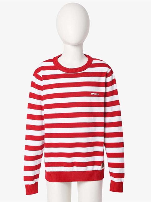 Gas Kids Red & White Cotton Striped Full Sleeves Pullover Sweater