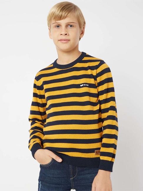 Gas Kids Mustard & Navy Cotton Striped Full Sleeves Pullover Sweater