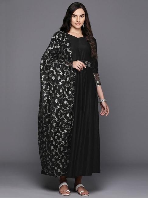 Indo Era Black Cotton Dress With Dupatta
