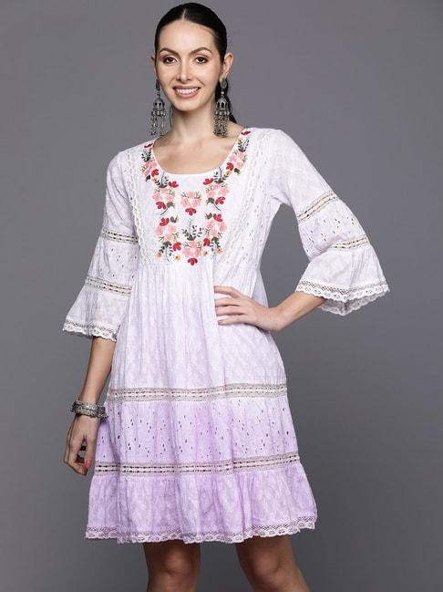 Indo Era White & Purple Cotton Embroidered Dress