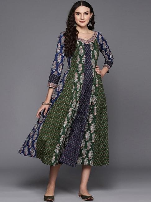 indo-era-green-&-navy-cotton-printed-dress
