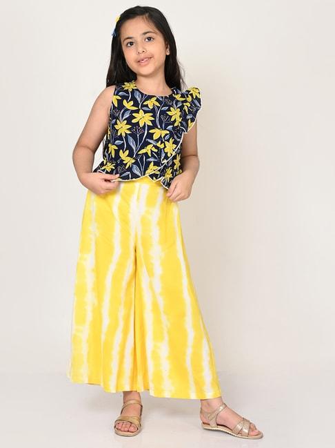 Lil Drama Kids Navy & Yellow Floral Print Crop Top with Plazzos