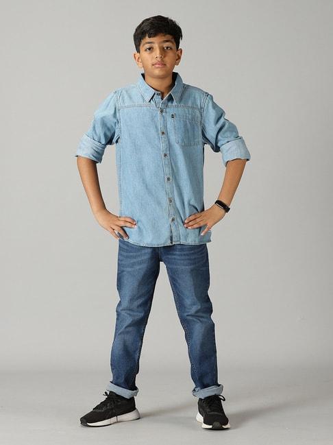 Kiddopanti Kids Blue Solid Full Sleeves Shirt with Jeans