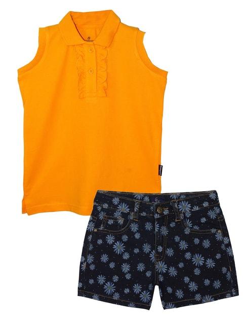 Kiddopanti Kids Orange & Blue Floral Print Polo T-Shirt with Shorts