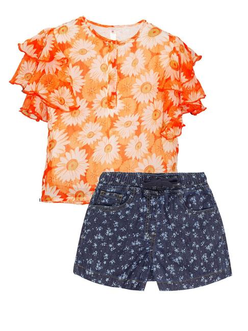 Kiddopanti Kids Orange & Blue Floral Print Top with Shorts