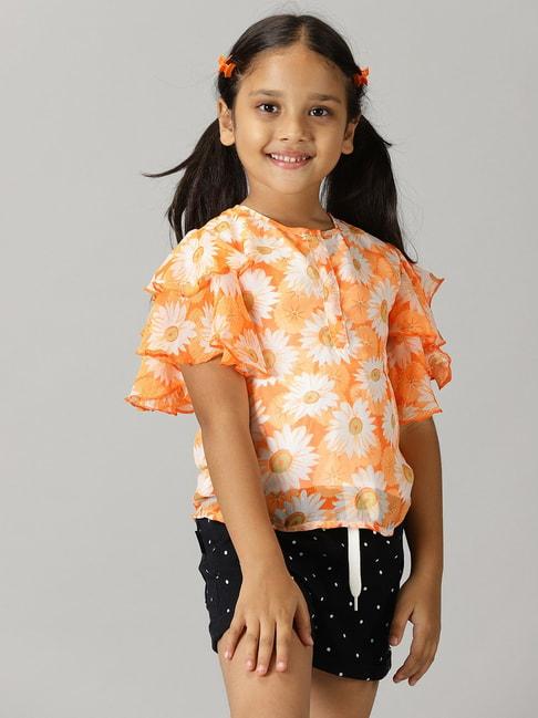 Kiddopanti Kids Orange & Black Floral Print Top with Shorts