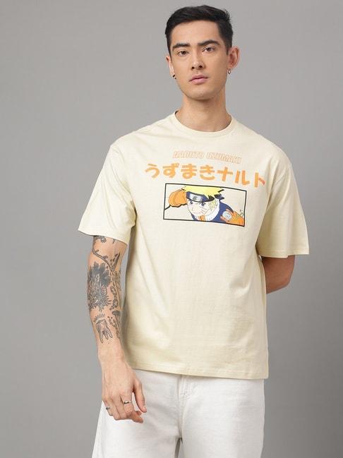Free Authority Beige Cotton Loose Fit Naruto Printed T-Shirt