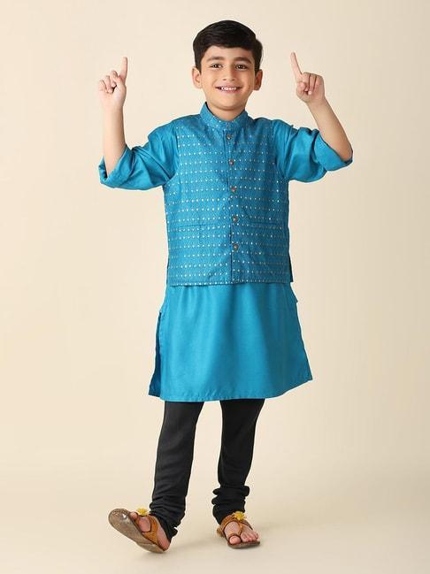 Fabindia Kids Blue Printed Full Sleeves Kurta with Nehru Jacket