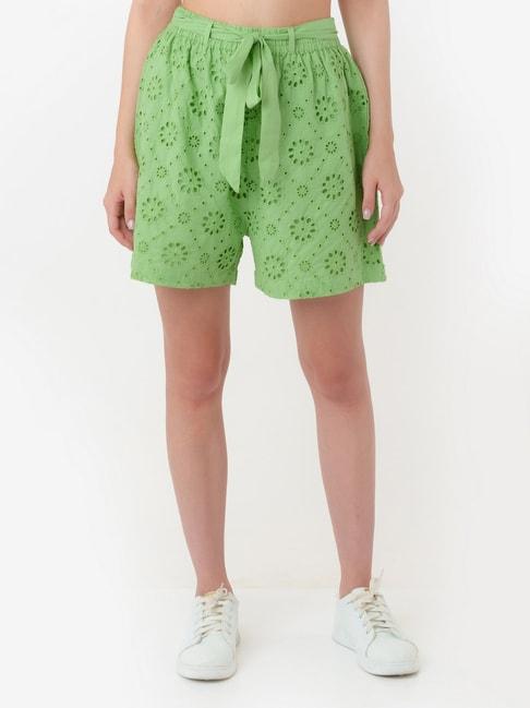 Zink London Green Cotton Self Design Shorts