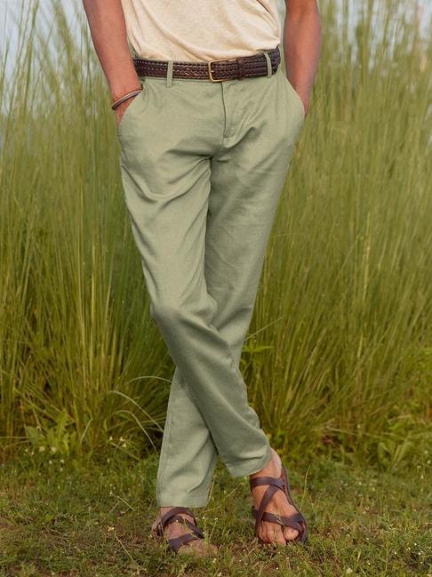 Andamen Sage Green Linen Regular Fit Trousers