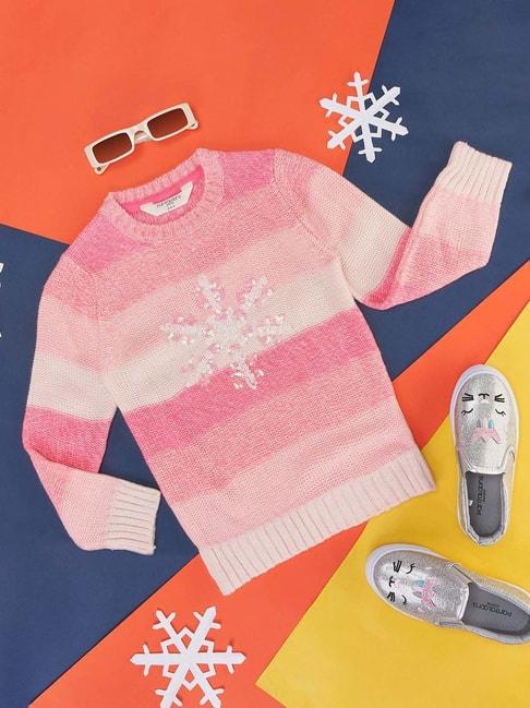 Pantaloons Junior Kids Pink & White Embellished Full Sleeves Sweater